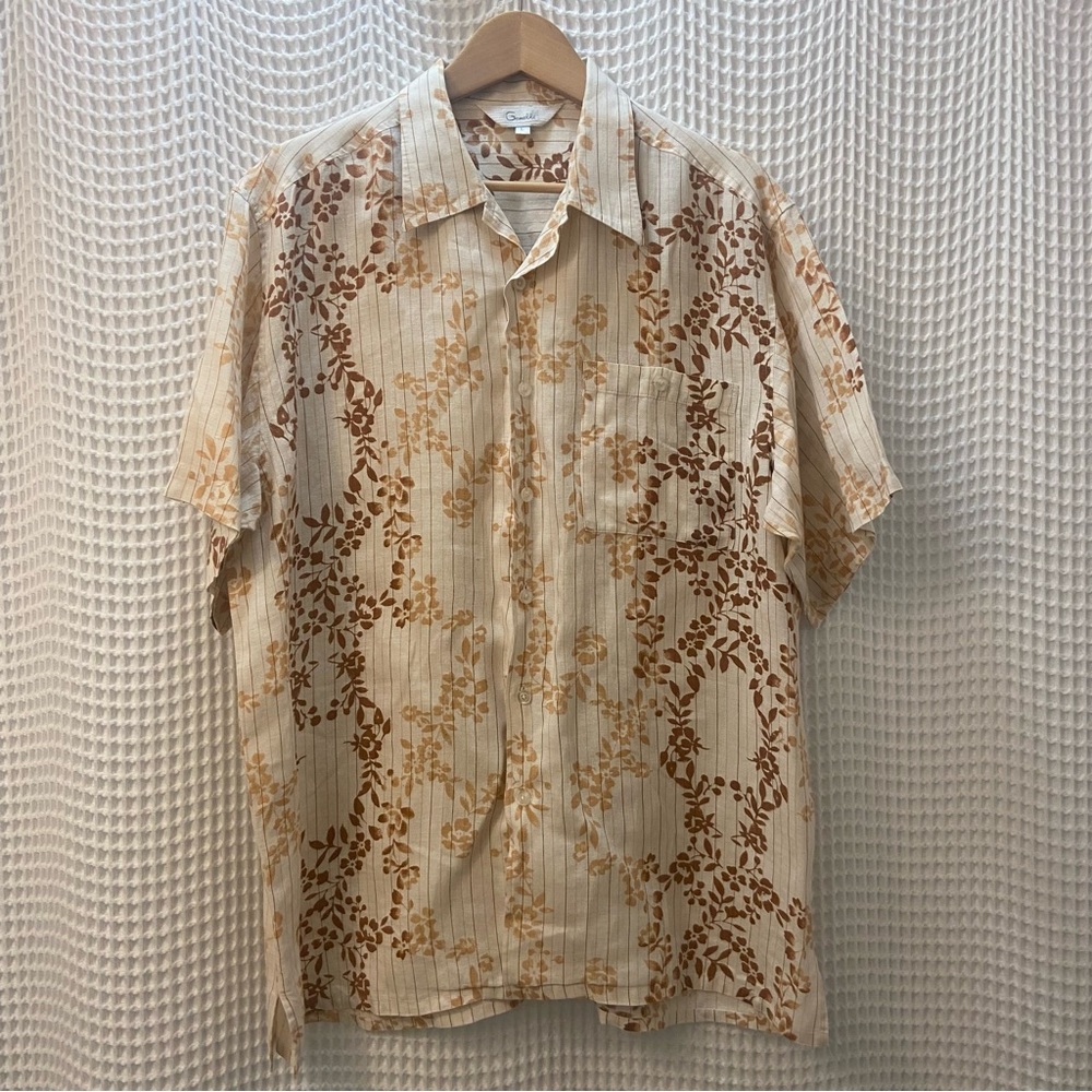 Genelli Linen Floral Print Camp Collar Button Down Leisure Shirt